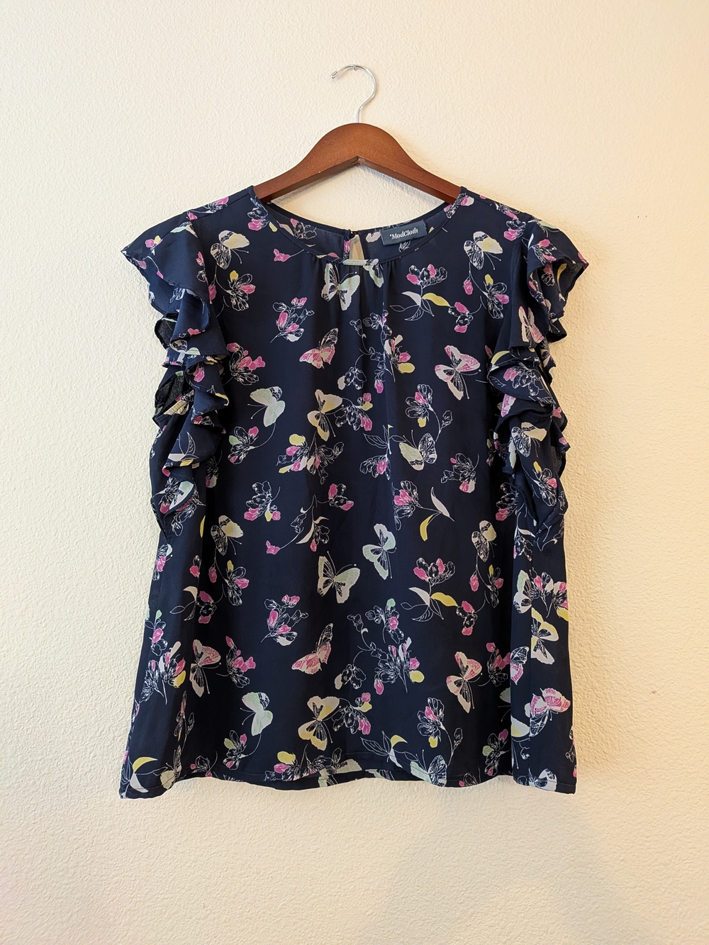 Modcloth Navy Butterfly & Floral Ruffle Sleeve Blouse